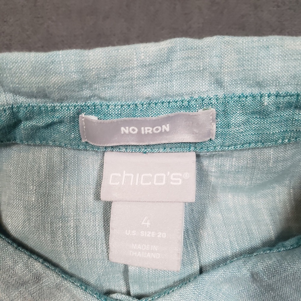 Chico's Button Down Shirt Womens 4/20 Blue Teal Linen Colorblock No Iron Top - Picture 8 of 9